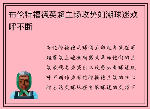 布伦特福德英超主场攻势如潮球迷欢呼不断
